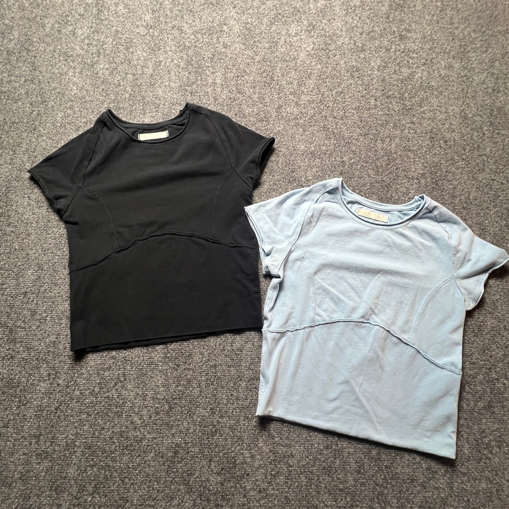 Free People We The Free T-Shirts Set of 2 Black Light Blue Seam Detail Size M